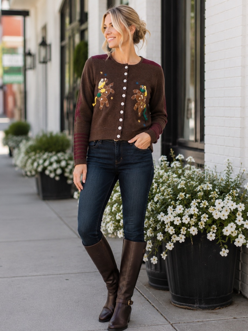 NEW blue b Dark Brown & Maroon Striped Horse Themed Button Up Cardigan Sweater